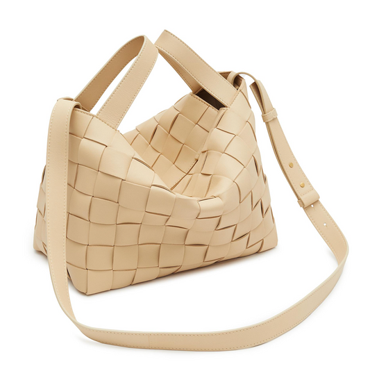 'BOWLING CASSETTE' WOVEN LEATHER BAG - LIGHT BEIGE