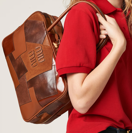 LEATHER PATCHWORK BAG - COGNAC