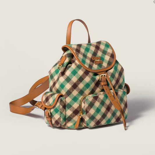 PLAID AND LEATHER BACKPACK - CAMEL/ GREEN