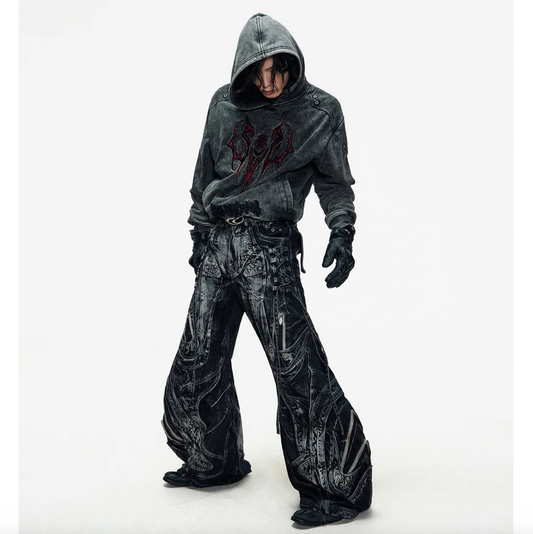 DECONSTRUCTED EXAGGERATED FLARED PATCHWORK JEANS - WASHED BLACK