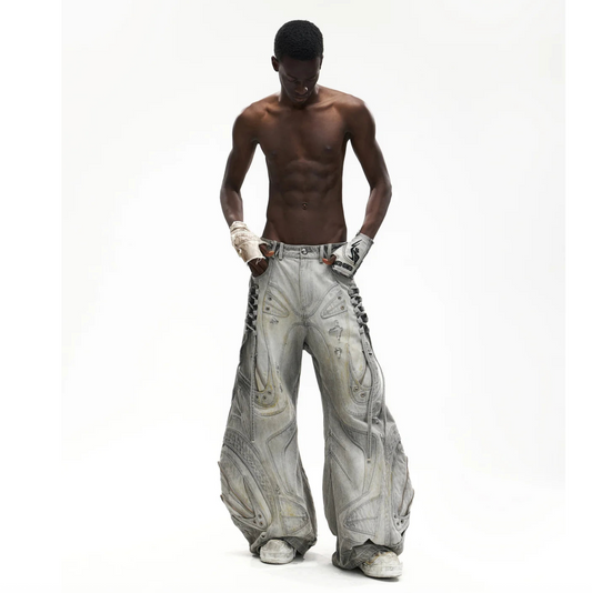 DECONSTRUCTED EXAGGERATED FLARED PATCHWORK JEANS - LIGHT GREY