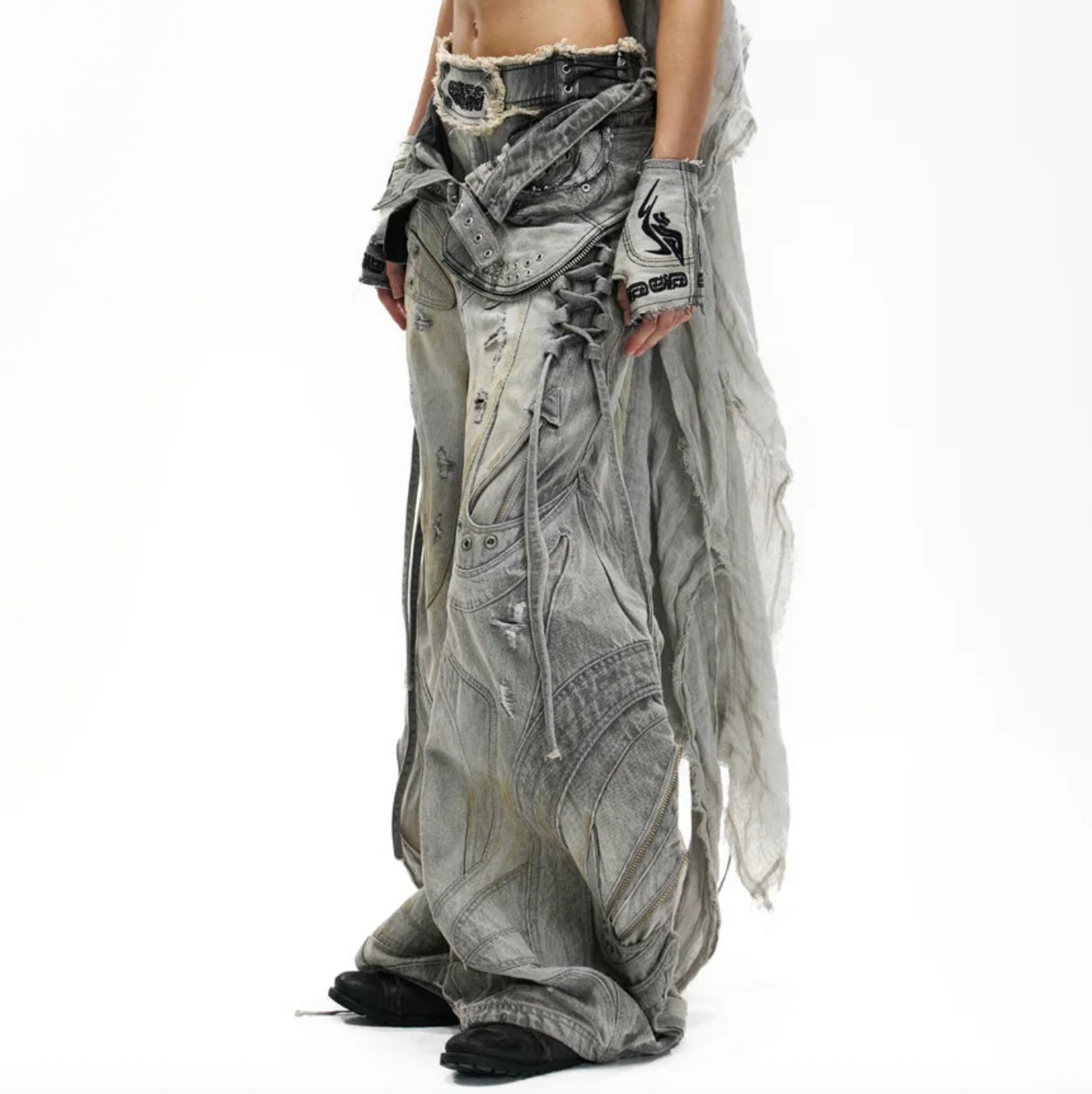 DECONSTRUCTED EXAGGERATED FLARED PATCHWORK JEANS - LIGHT GREY