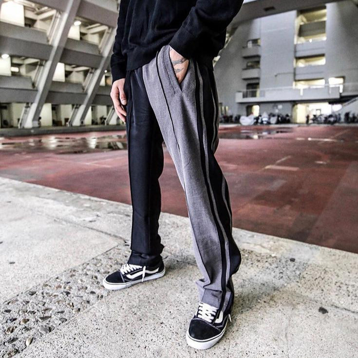 SIDE-STRIPE SPLIT TRACK PANTS BLACK-GREY/ BLACK-BROWN