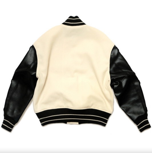 FAUX LEATHER AND WOOL-BLEND VARSITY JACKET - CREAMY WHITE