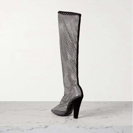 SUEDE-TRIMMED CRYSTAL-EMBELLISHED FISHNET KNEE BOOTS