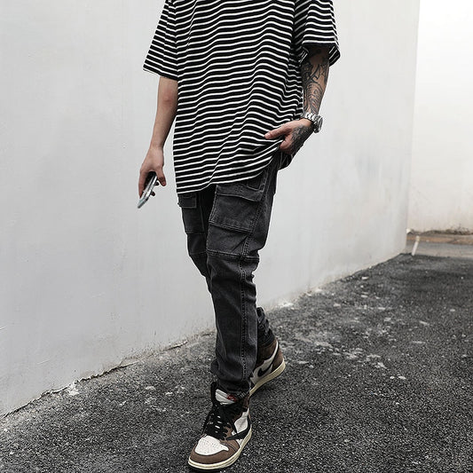 WASHED DENIM CARGO PANTS - BLACK