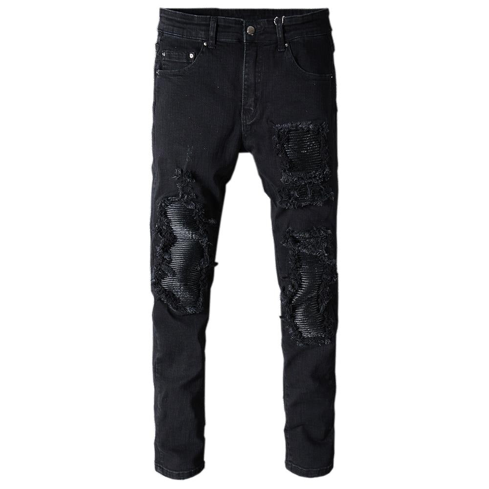 Skinny Fit Distressed Ribbed Leather Denim Jeans | Men's Moto Jeans