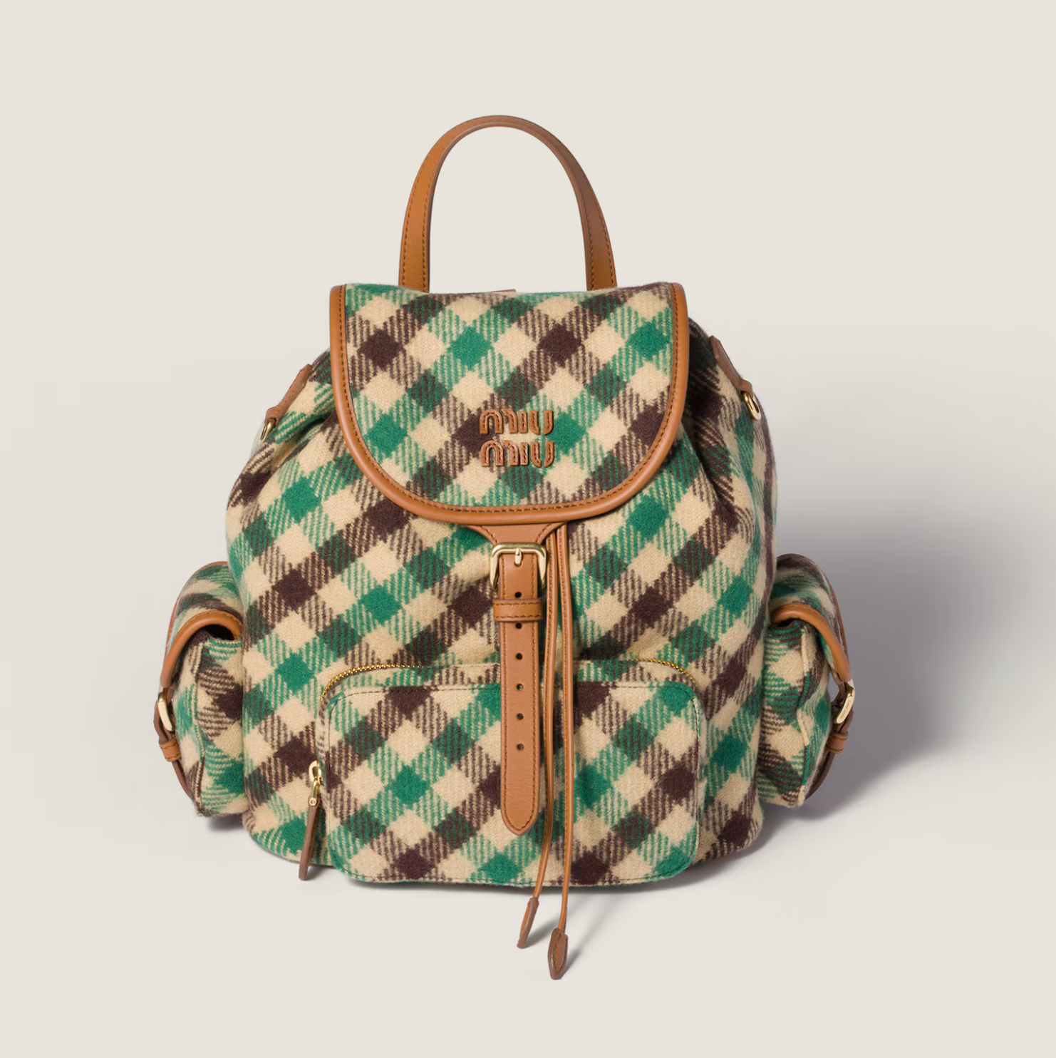 Miu Miu Plaid And Leather Backpack, Woman, Camel/green