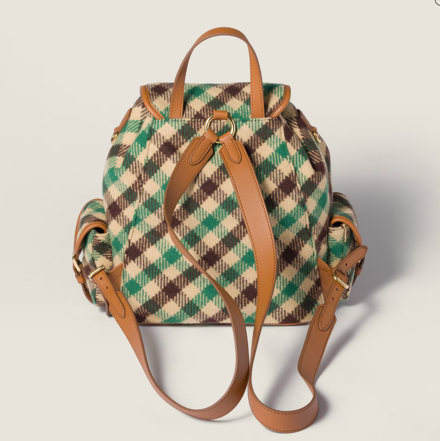 PLAID AND LEATHER BACKPACK - CAMEL/ GREEN