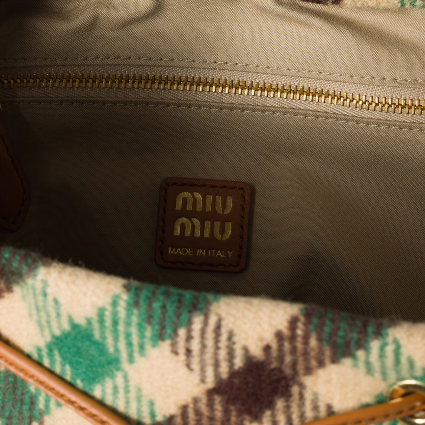 PLAID AND LEATHER BACKPACK - CAMEL/ GREEN