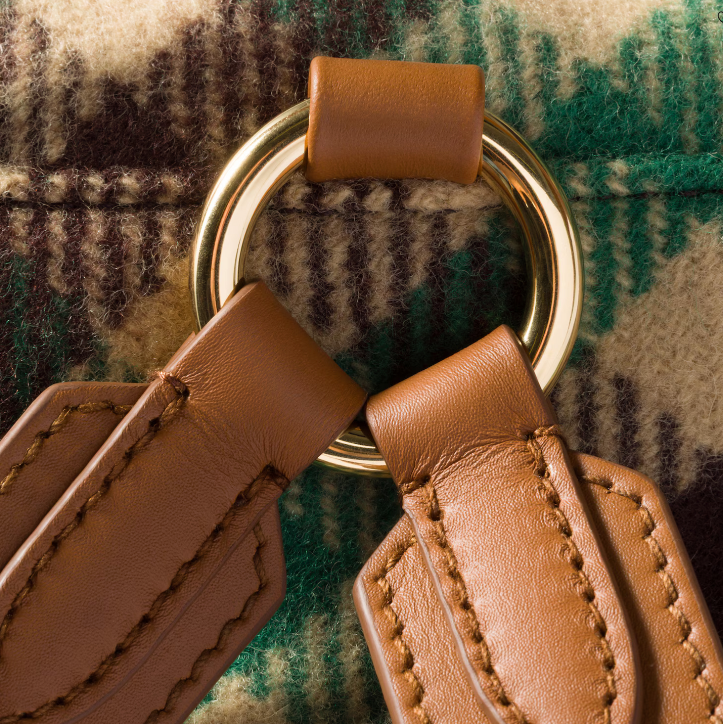 PLAID AND LEATHER BACKPACK - CAMEL/ GREEN