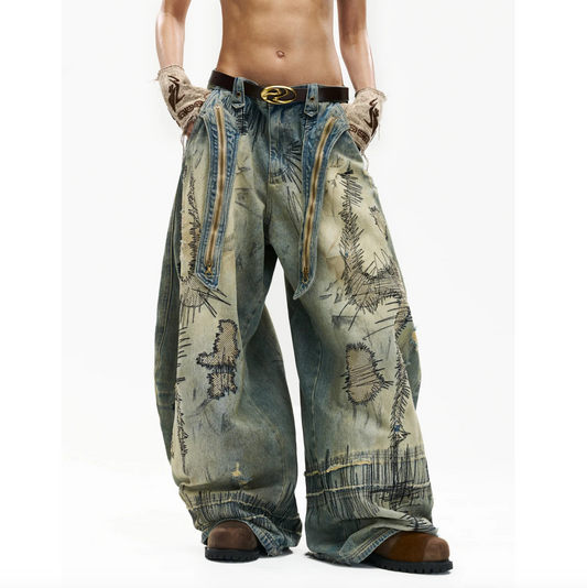 STAIN EMBROIDERY SCIMITAR JEANS - WASHED BLUE