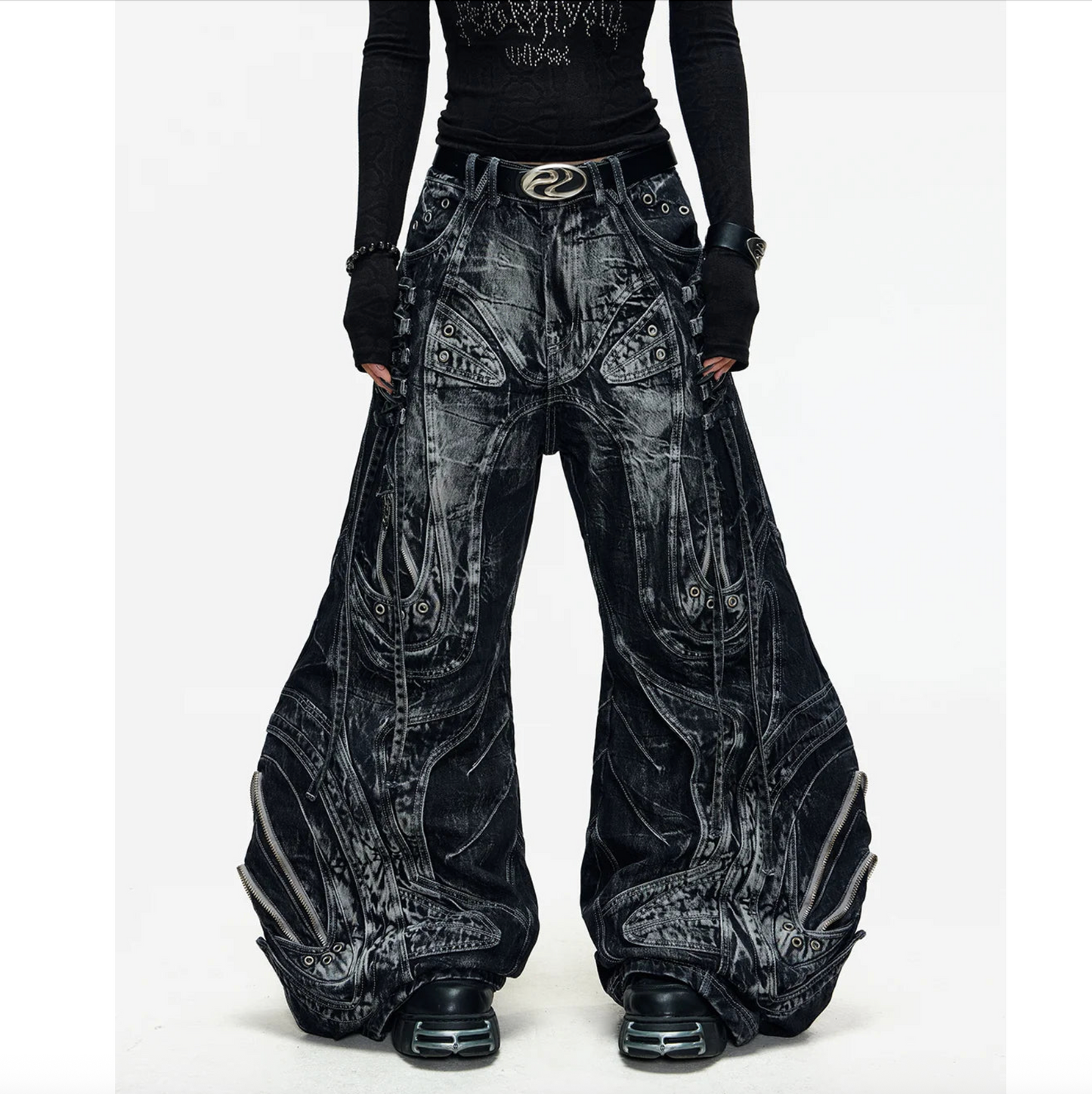 DECONSTRUCTED EXAGGERATED FLARED PATCHWORK JEANS - WASHED BLACK