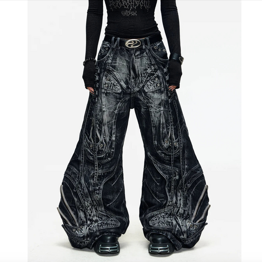 DECONSTRUCTED EXAGGERATED FLARED PATCHWORK JEANS - WASHED BLACK