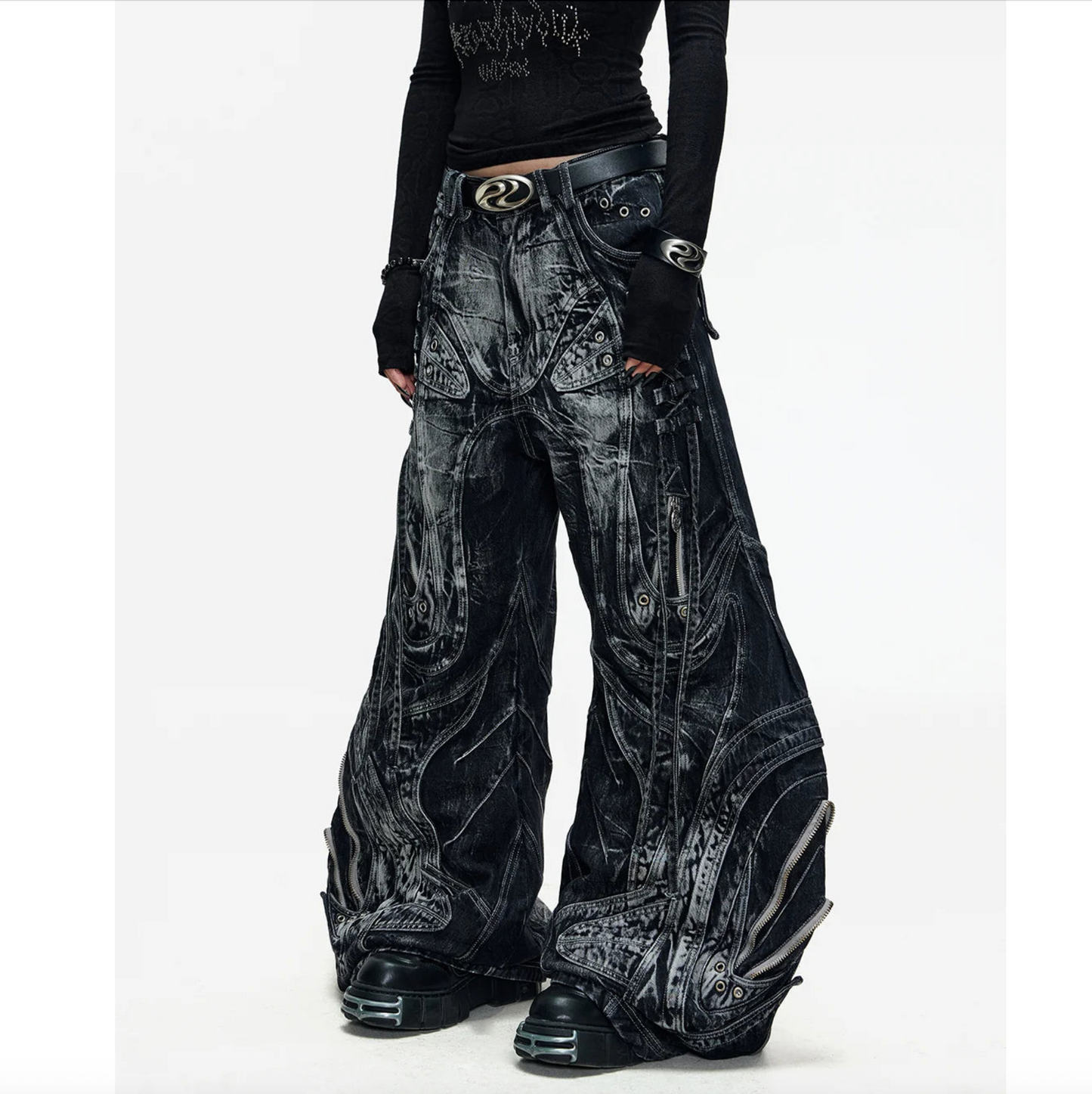 DECONSTRUCTED EXAGGERATED FLARED PATCHWORK JEANS - WASHED BLACK