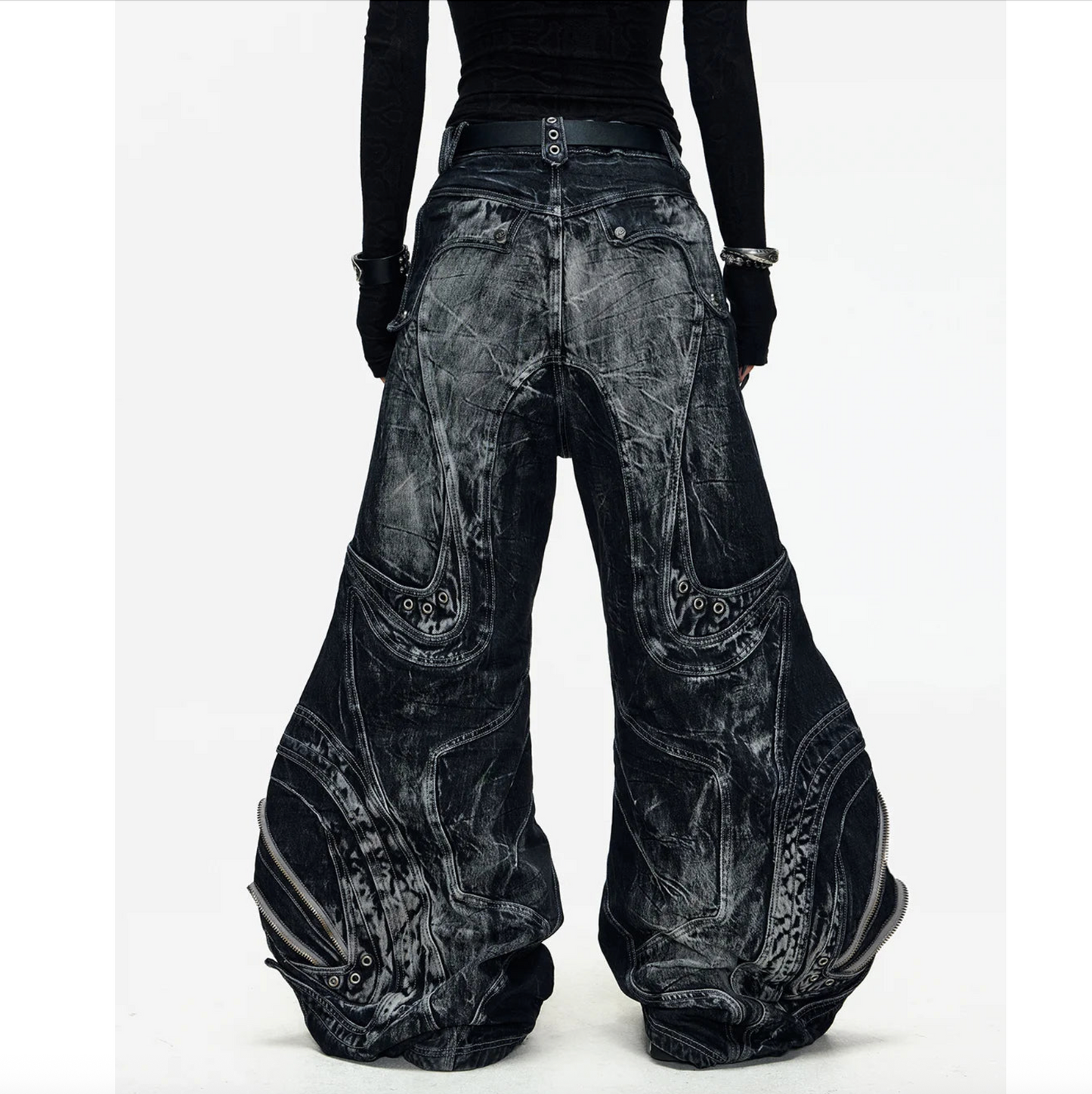 DECONSTRUCTED EXAGGERATED FLARED PATCHWORK JEANS - WASHED BLACK