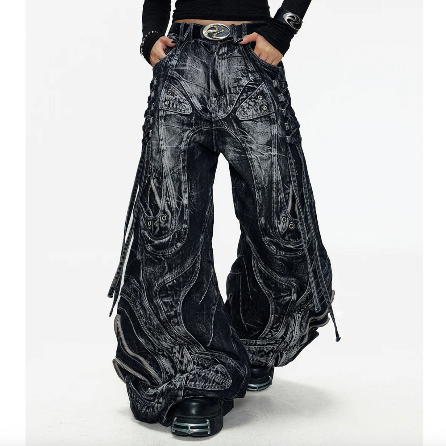 DECONSTRUCTED EXAGGERATED FLARED PATCHWORK JEANS - WASHED BLACK