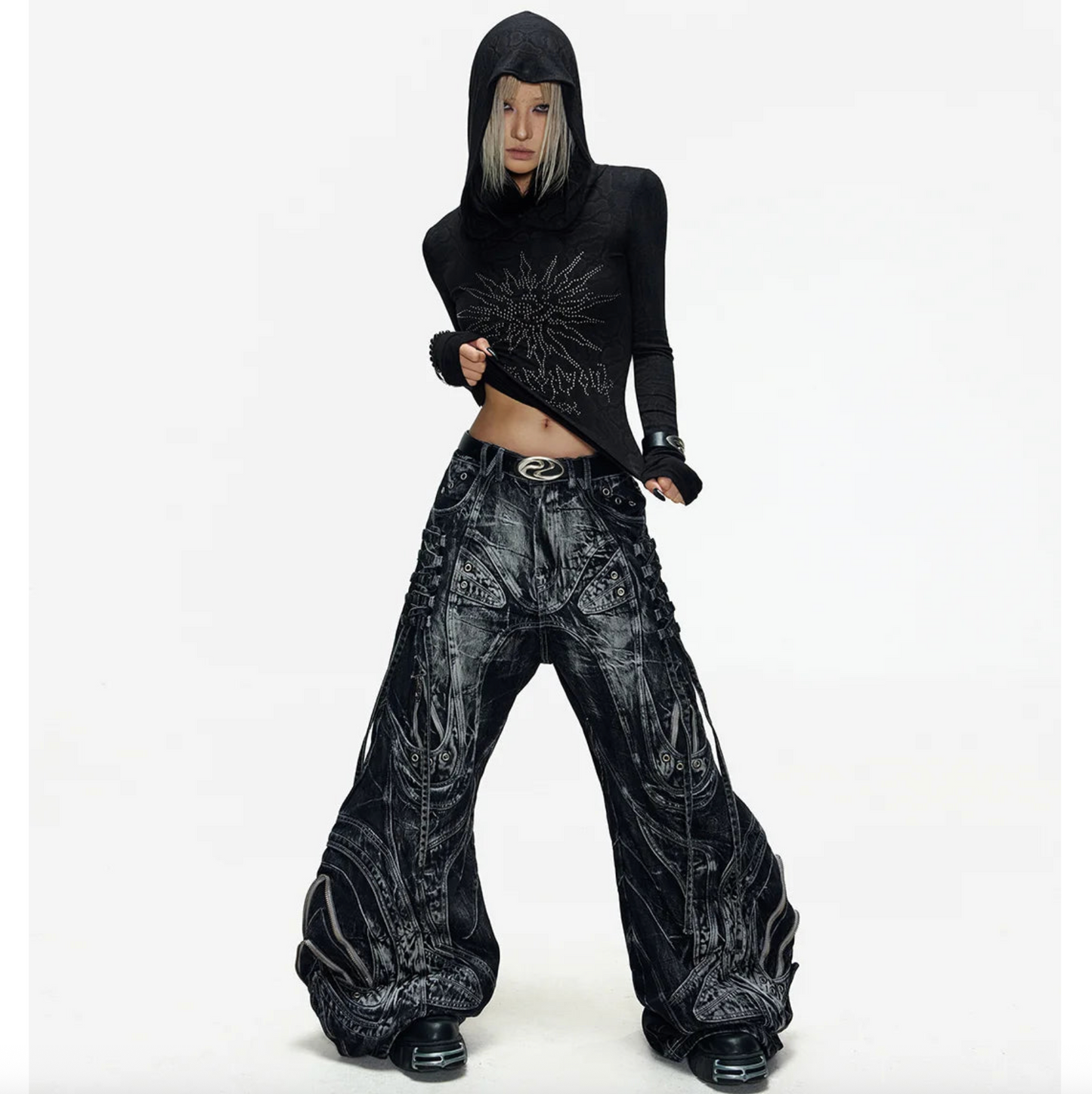 DECONSTRUCTED EXAGGERATED FLARED PATCHWORK JEANS - WASHED BLACK