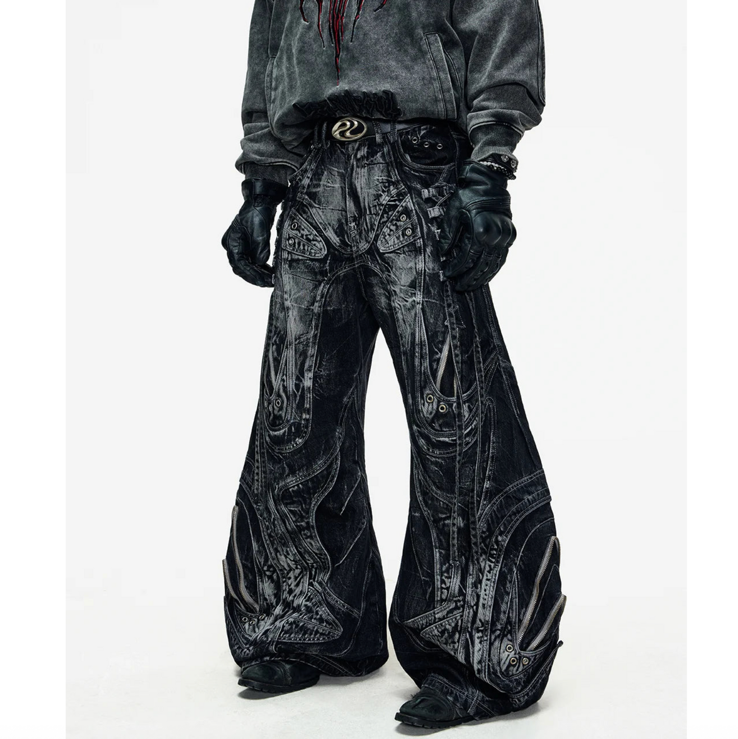 DECONSTRUCTED EXAGGERATED FLARED PATCHWORK JEANS - WASHED BLACK