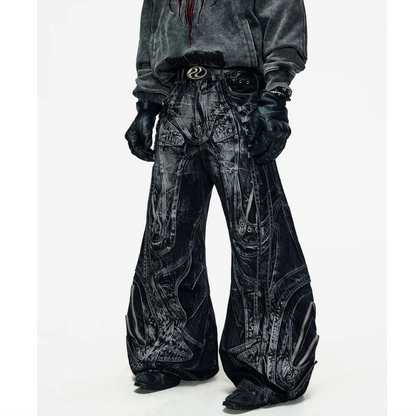 DECONSTRUCTED EXAGGERATED FLARED PATCHWORK JEANS - WASHED BLACK