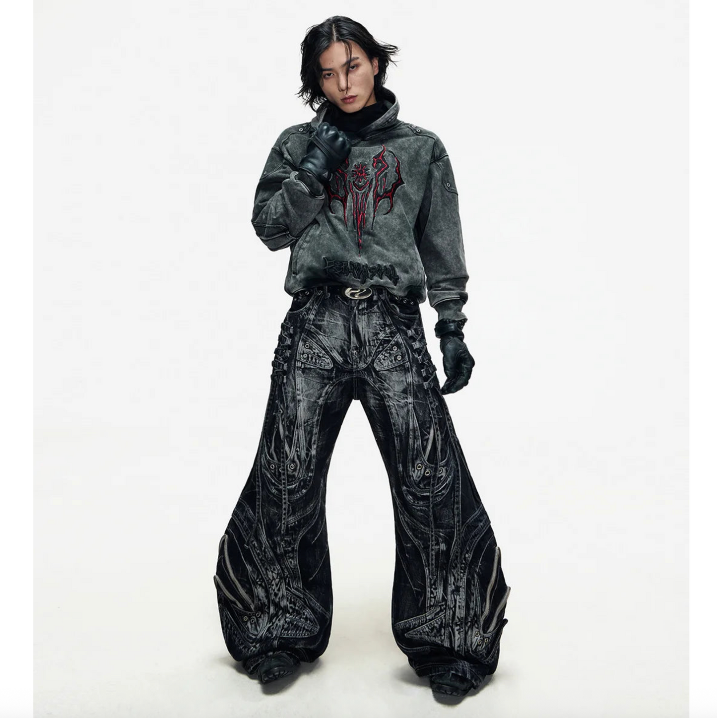 DECONSTRUCTED EXAGGERATED FLARED PATCHWORK JEANS - WASHED BLACK