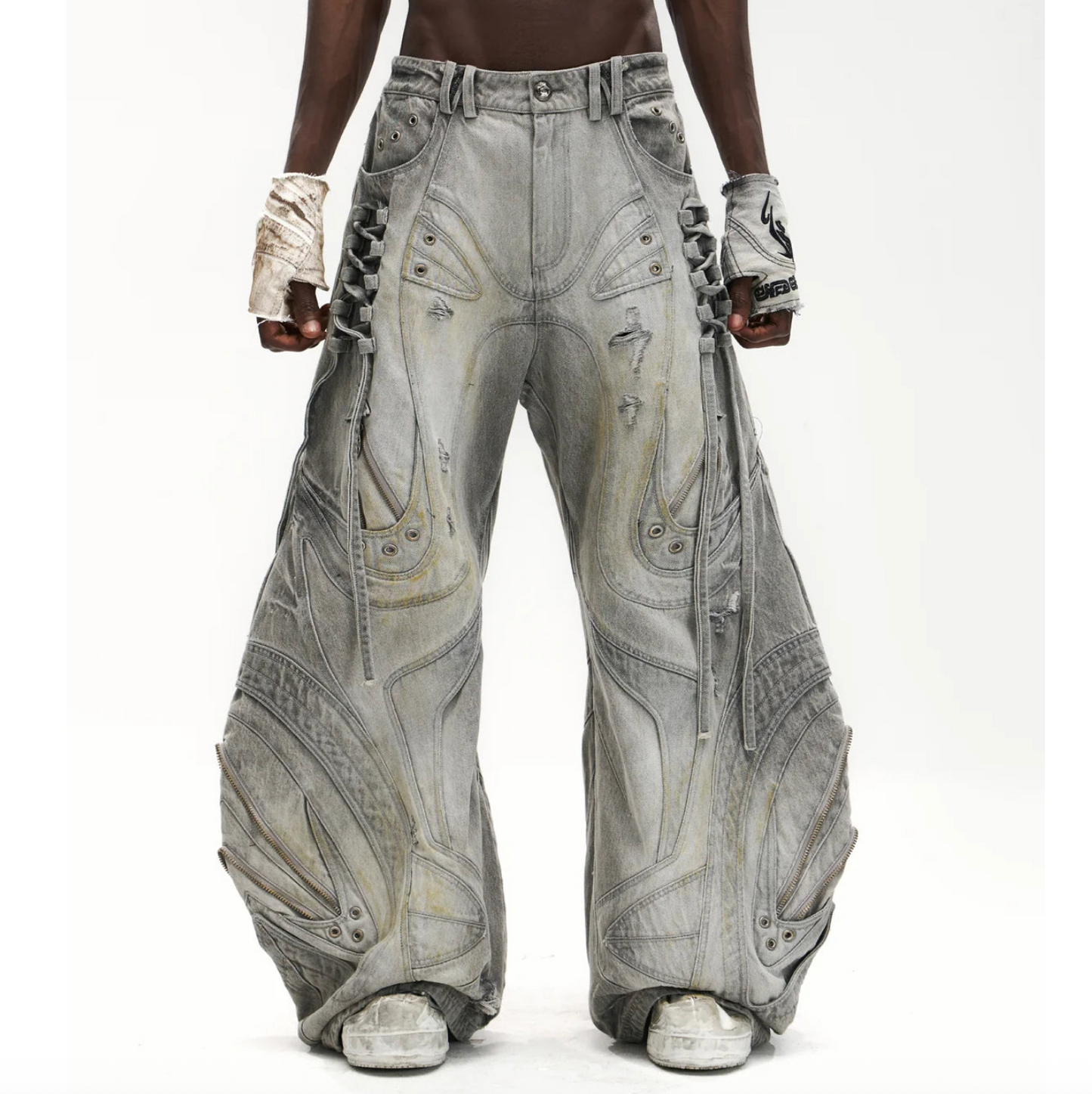 DECONSTRUCTED EXAGGERATED FLARED PATCHWORK JEANS - LIGHT GREY