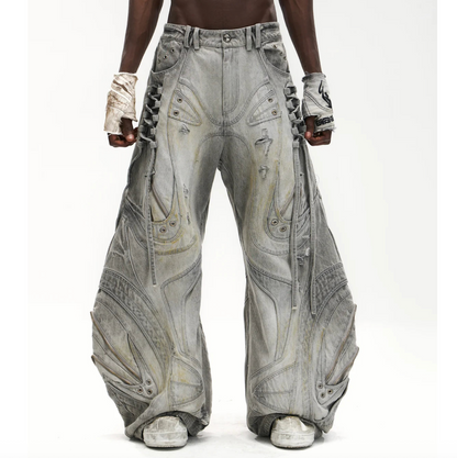 DECONSTRUCTED EXAGGERATED FLARED PATCHWORK JEANS - LIGHT GREY