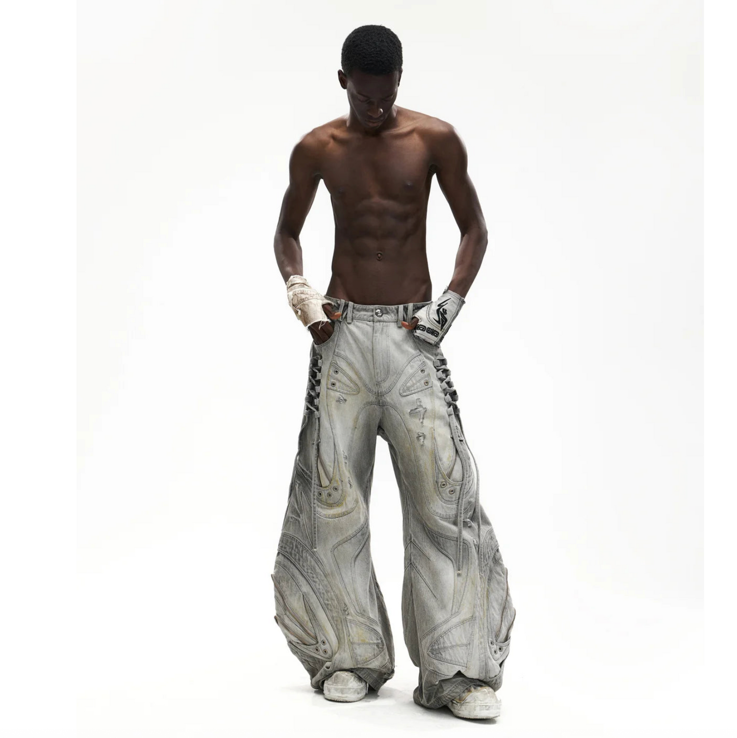 DECONSTRUCTED EXAGGERATED FLARED PATCHWORK JEANS - LIGHT GREY