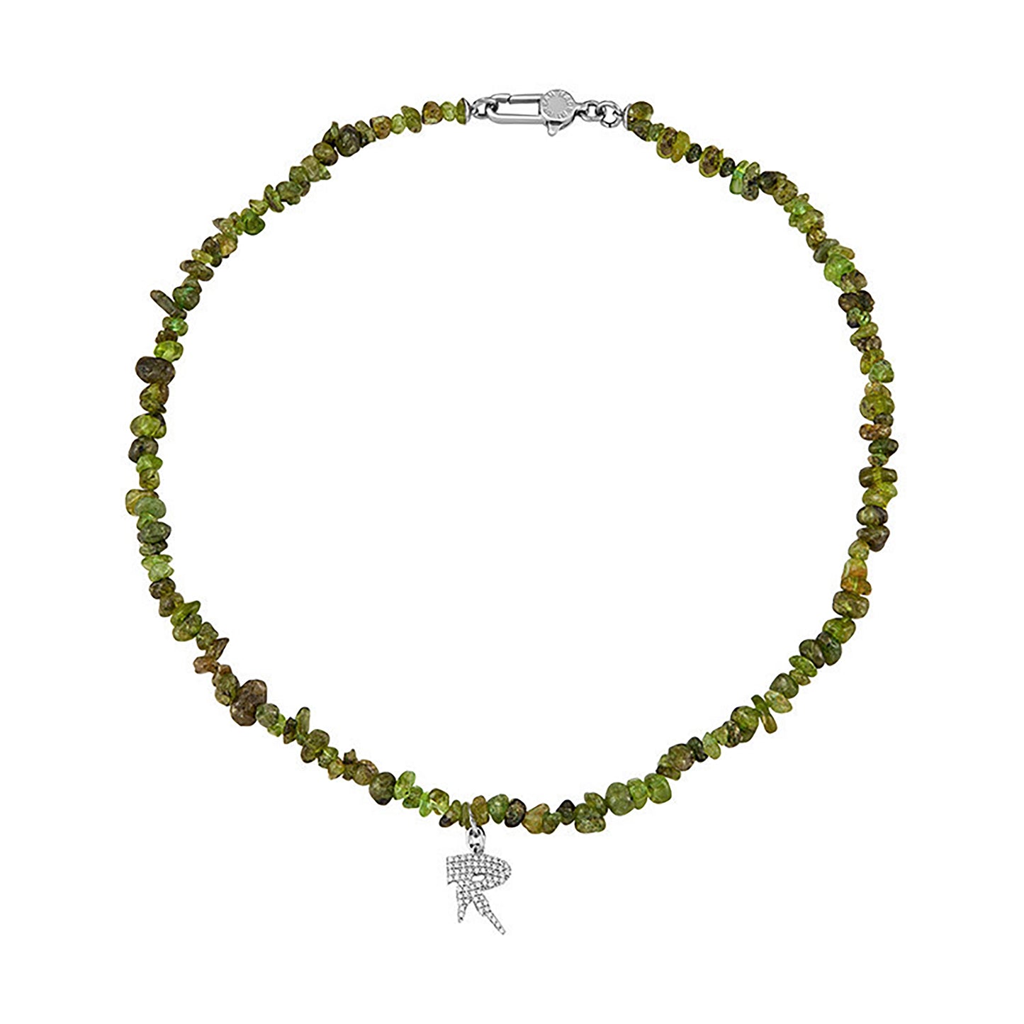 ALPHABET R NECKLACE IN SILVER WITH OLIVINE