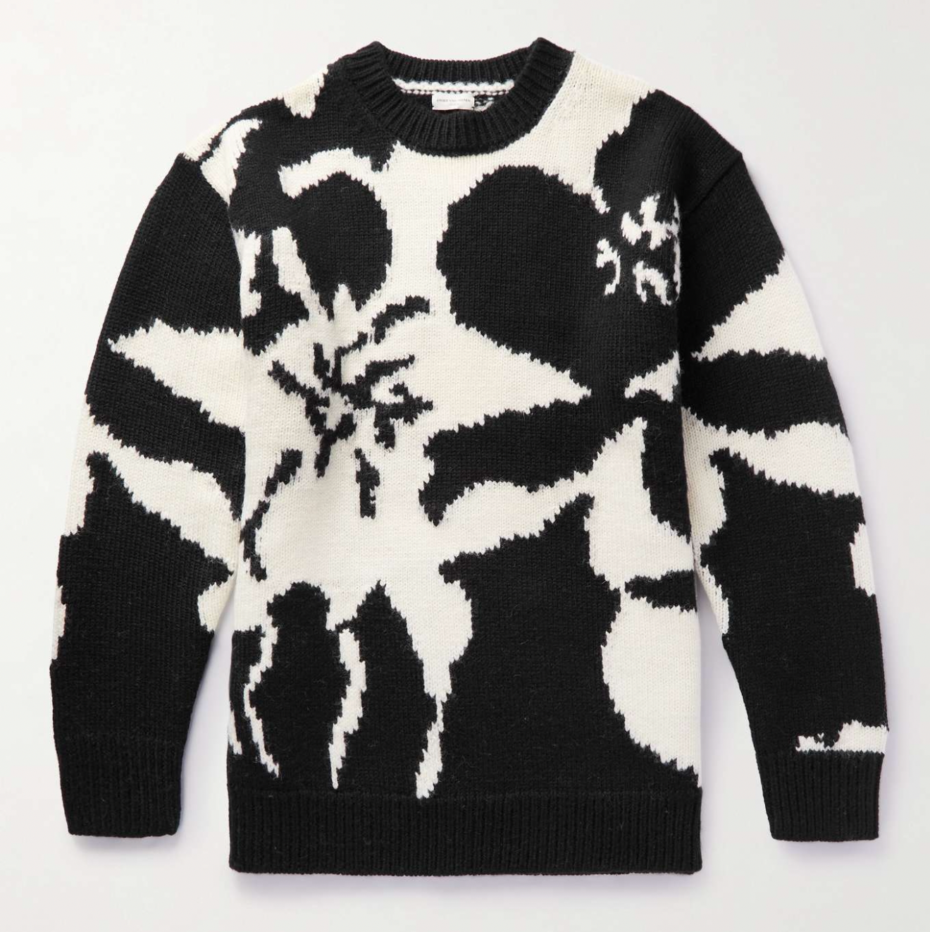 Dries Van Noten 花柄セーター　ホワイト×ブラック　メンズ Dries Van Noten | Black Floral Intarsia-Knit Wool Sweater | RADPRESENT