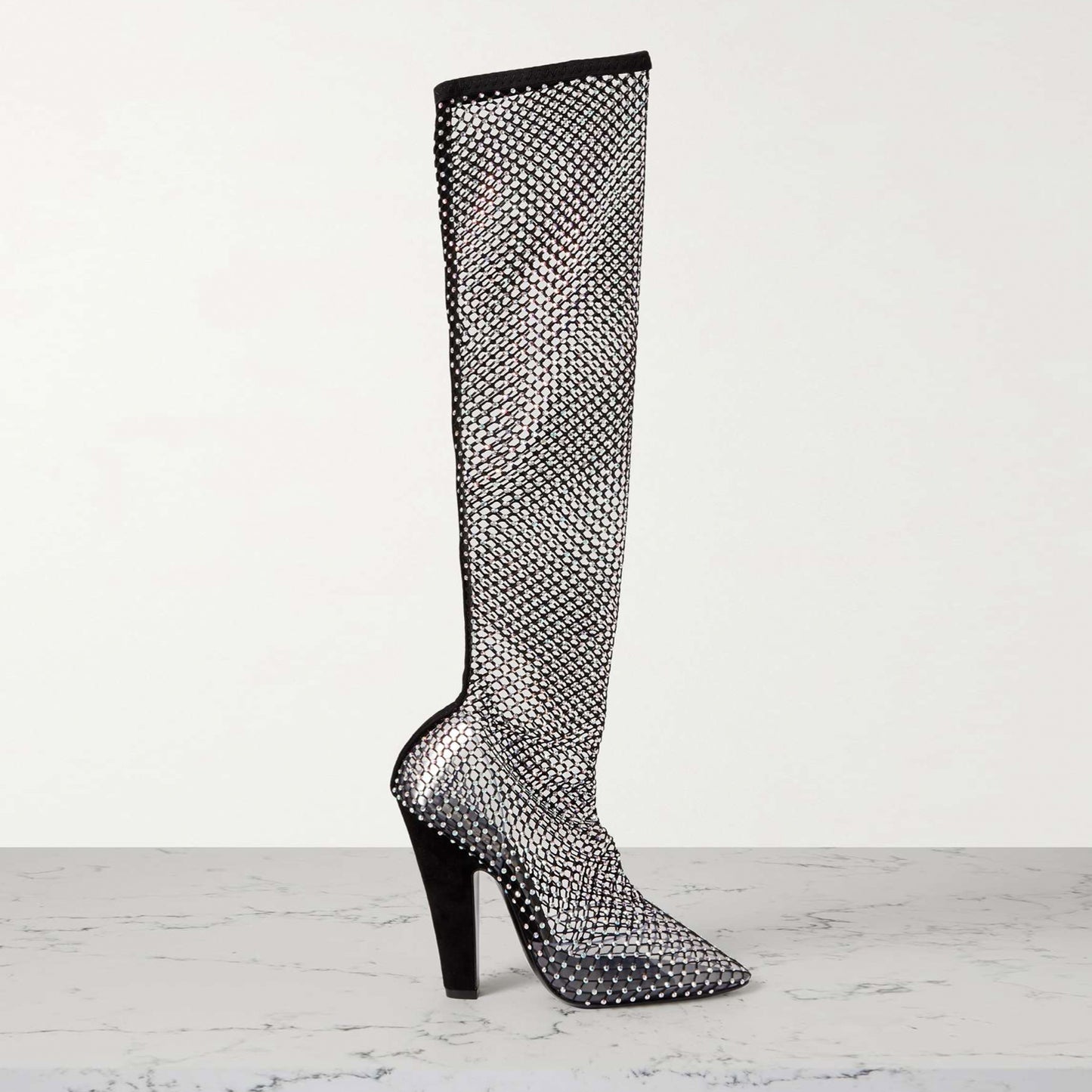 Saint Laurent Suede-Trimmed Crystal-embellished Fishnet Knee Boots