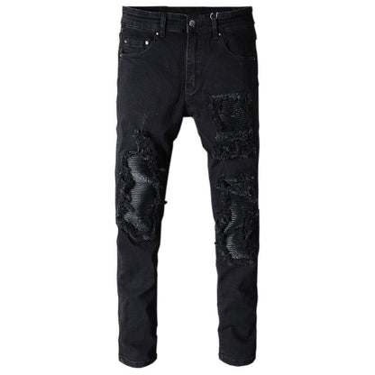 Skinny Fit Distressed Ribbed Leather Denim Jeans, Men's Moto Jeans